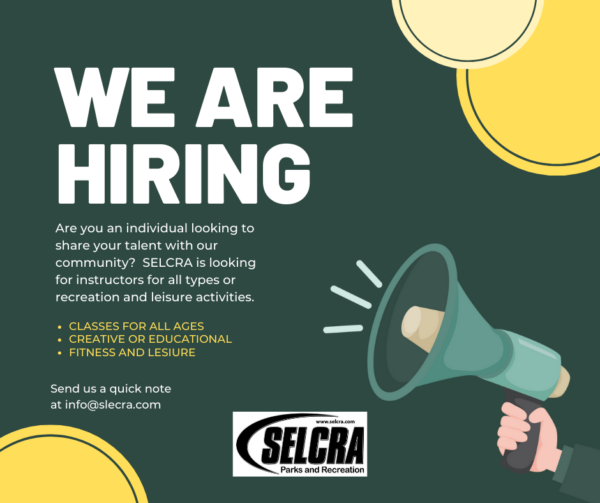 SELRCA hiring instructors for community classes and activities.