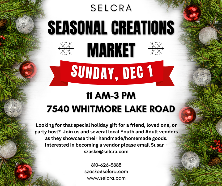 SELCRA seasonal creations market December 1st event flyer.