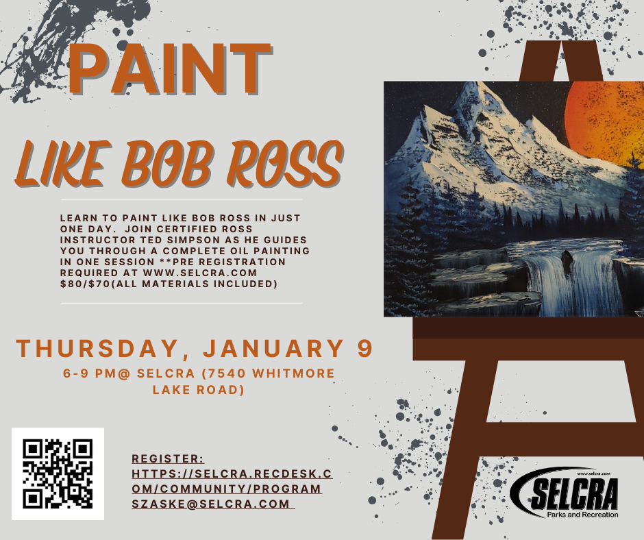 Paint like Bob Ross workshop flyer.