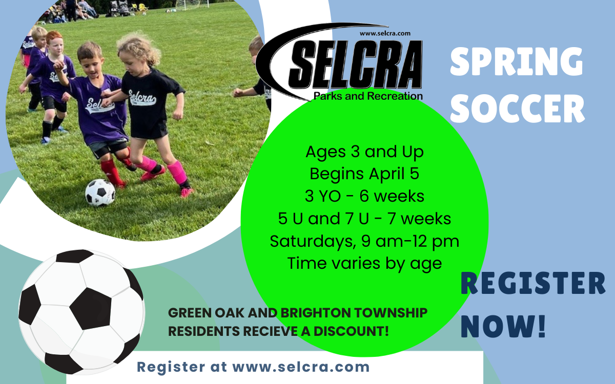 Kids playing soccer, SELCRA spring program registration.